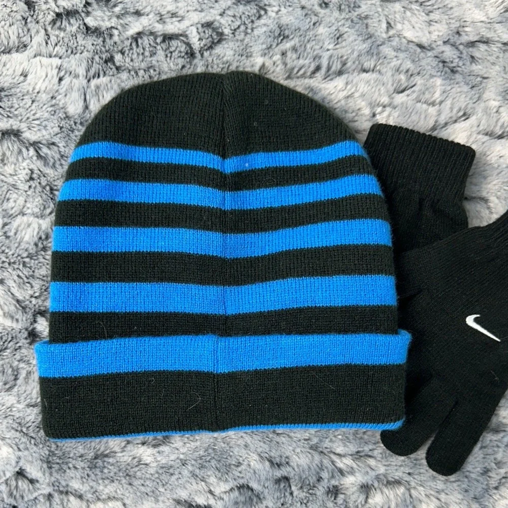 Nike Beanie and Gloves Set Black Blue Striped Knit / Youth One Size